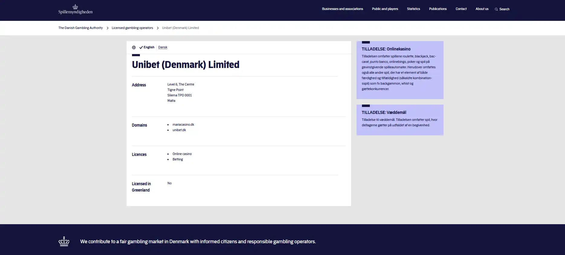 Spillemyndighedens registerpost for Unibet Denmark Limited